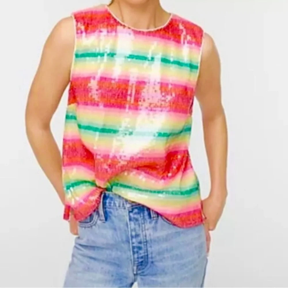 J.Crew Watermelon Stripe Sequin Sleeveless Top Size Small